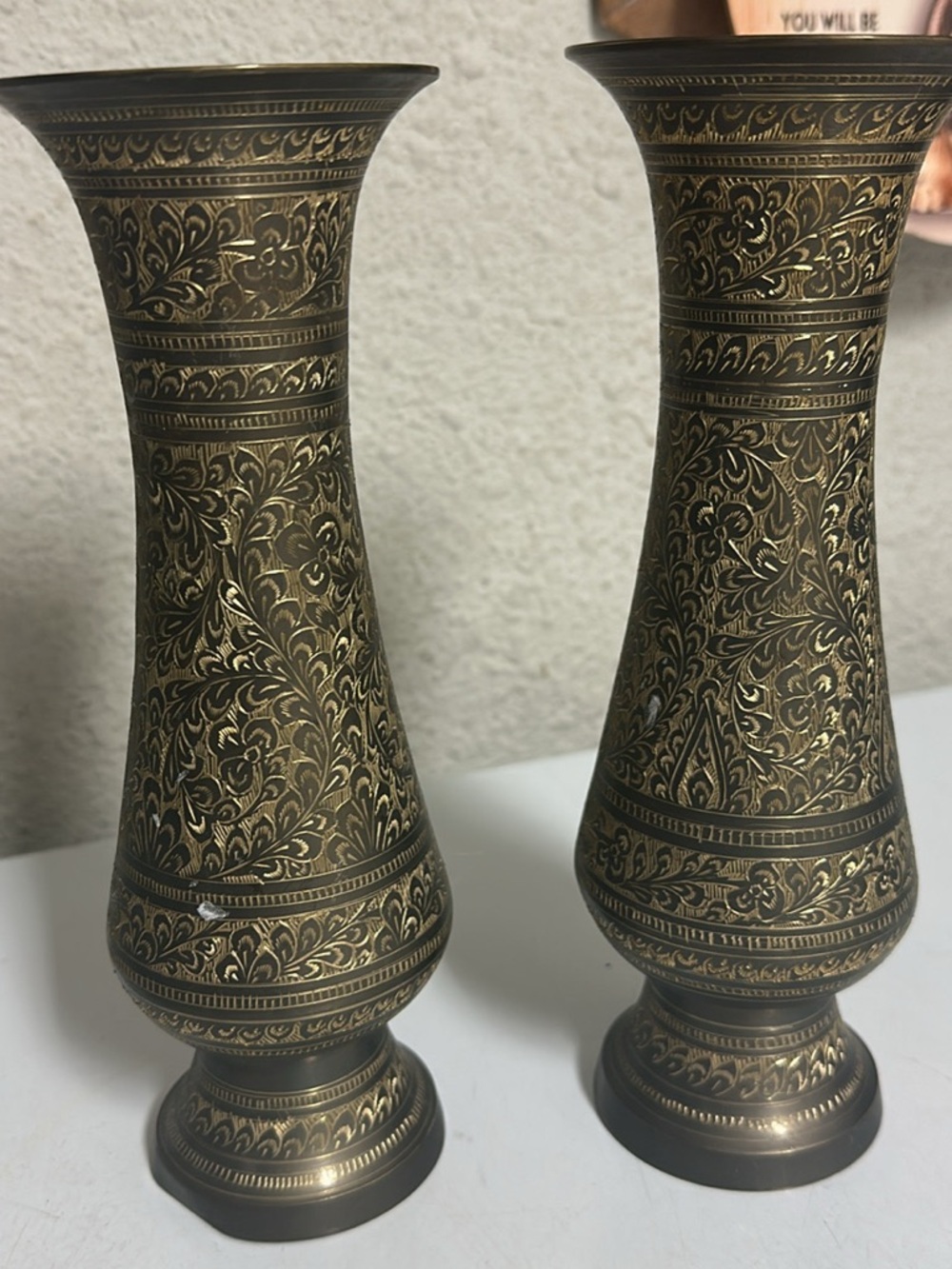 Brass Decorative Vase Pair - Ornate Floral Design